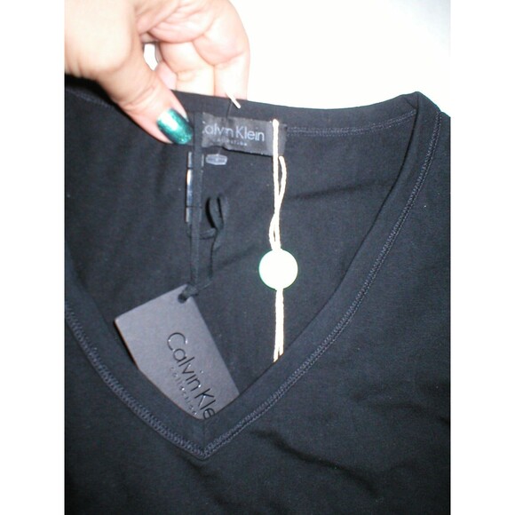 New Mens NWT Designer Calvin Klein Collection Stretch Shirt M Black LS V Neck T - Picture 1 of 4